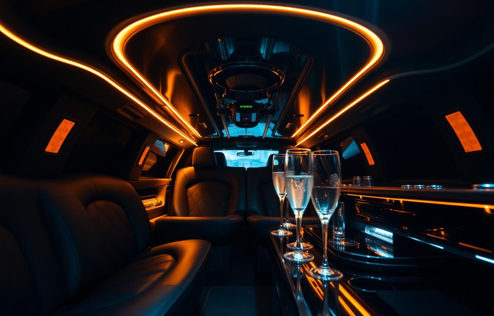 Luxury limousine interior with gold ambient lighting