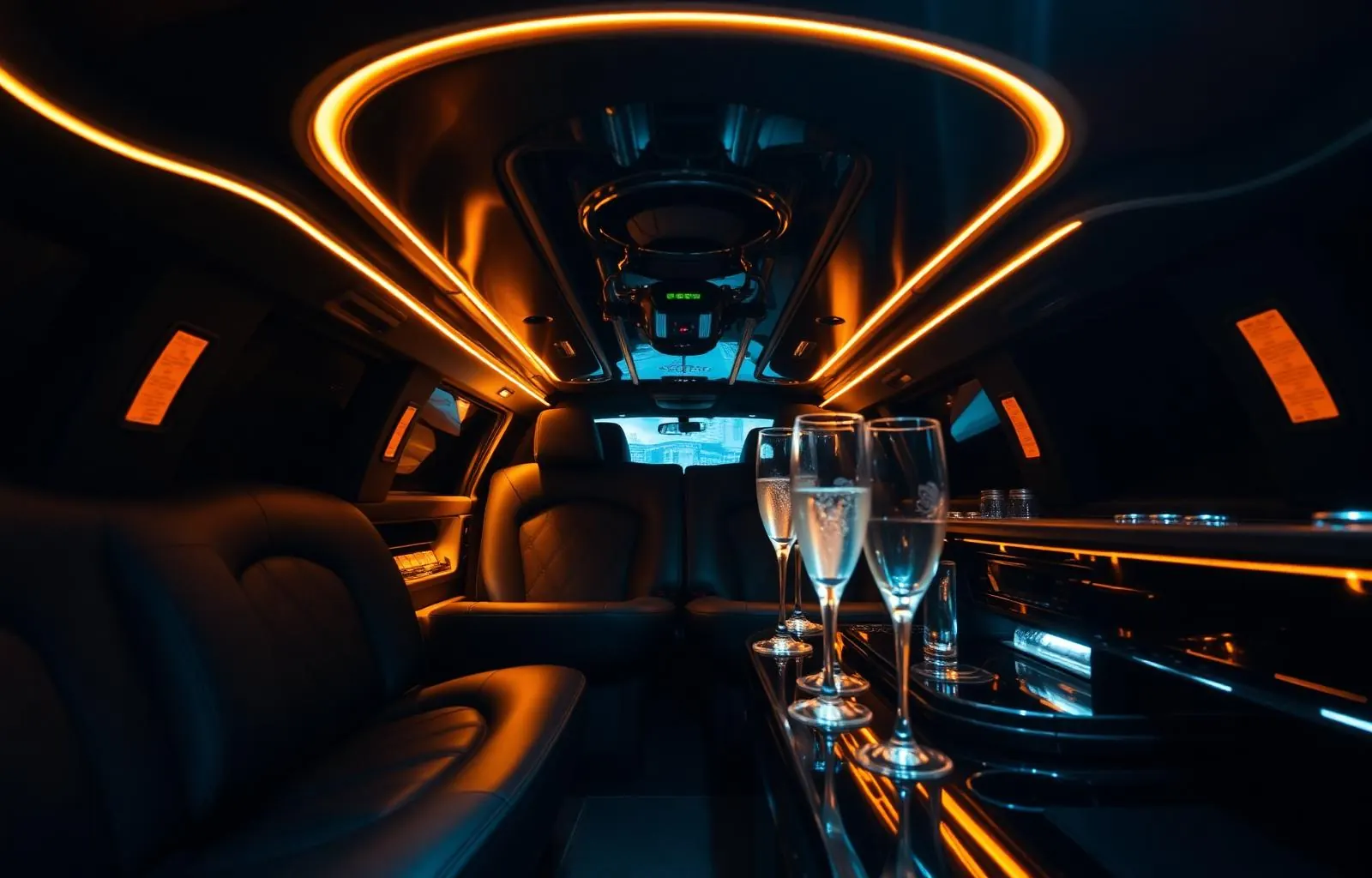 Luxury limousine interior with gold ambient lighting