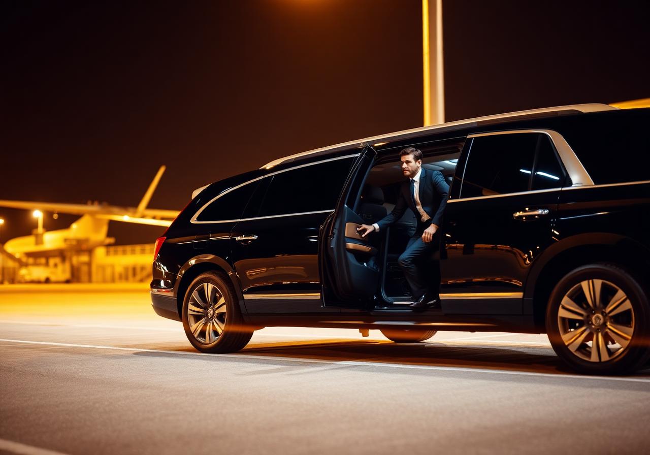 Executive luxury SUV airport pickup at night
