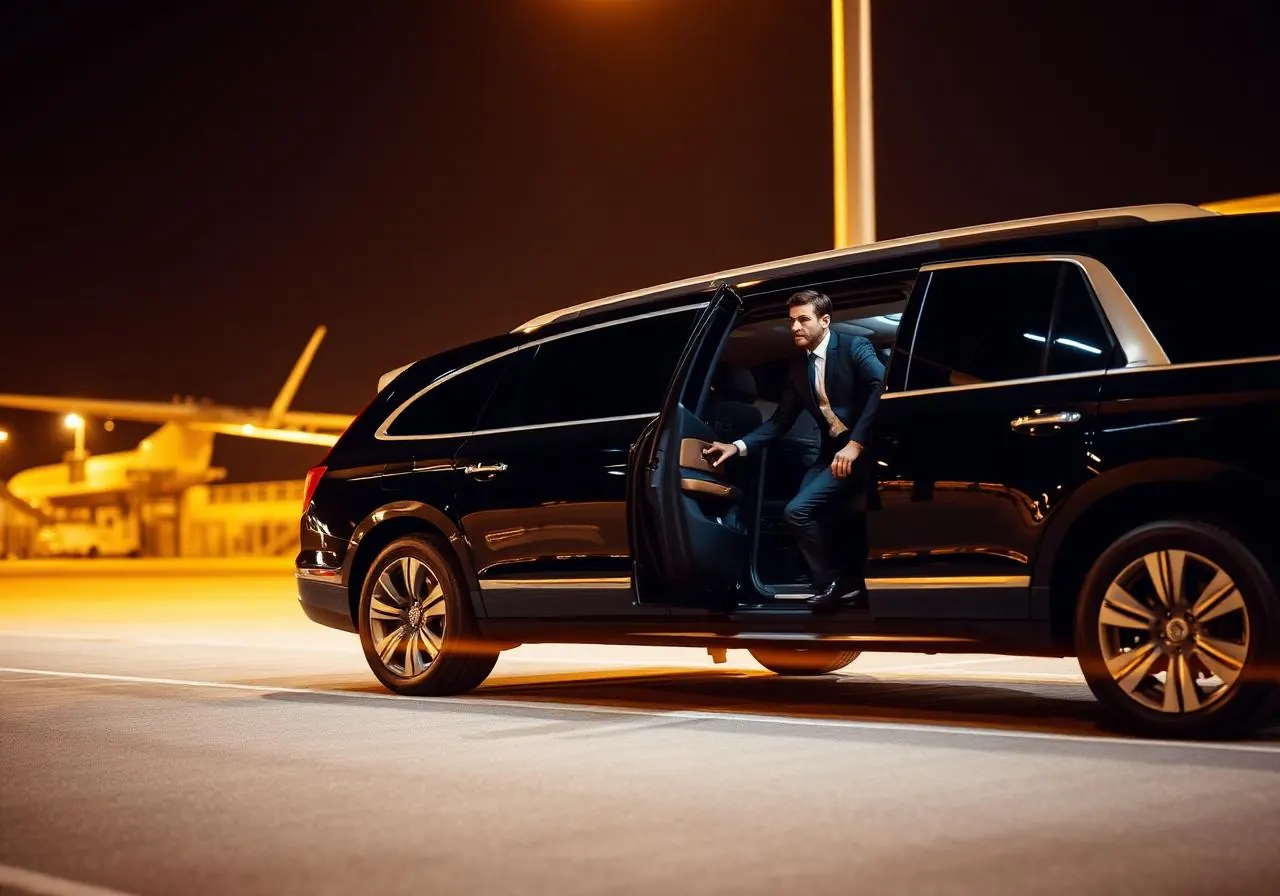 Executive luxury SUV airport pickup at night