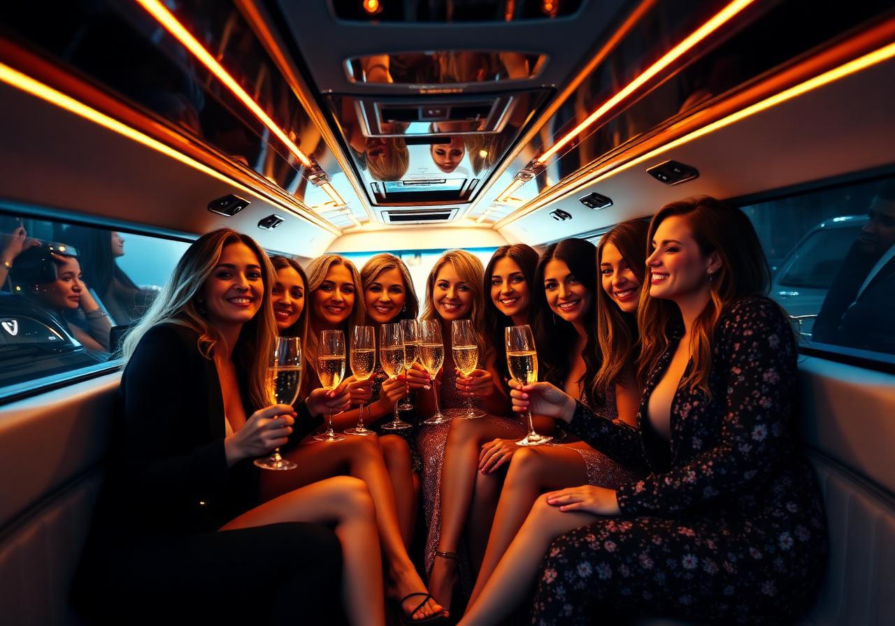 Group celebrating with champagne inside party limousine