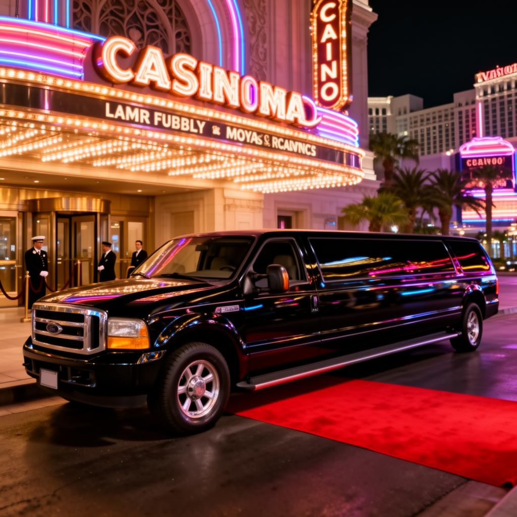 Luxury limousine at casino entrance with red carpet