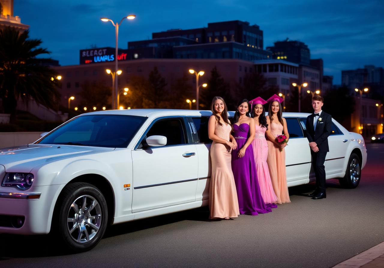 Graduates posing with white stretch limousine