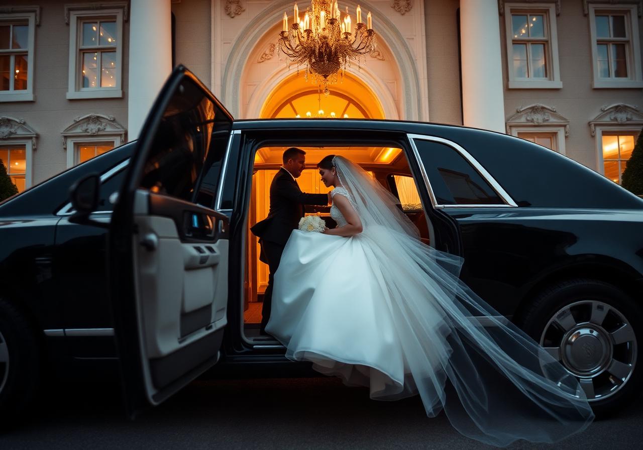 Bride and groom arriving at venue in luxury limousine