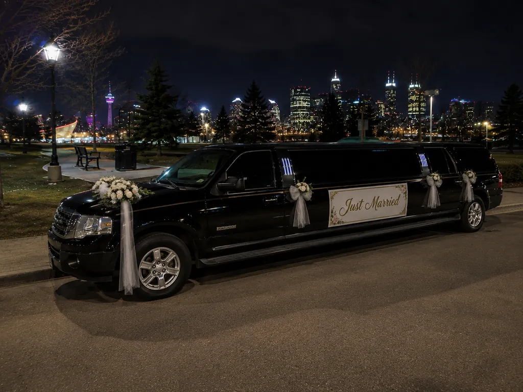 Black Ford Excursion stretch limousine decorated with white flowers and a Just Married sign in front of the Calgary skyline at night