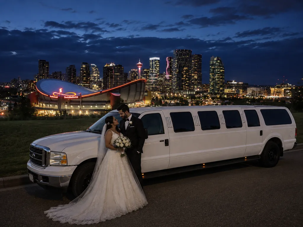Bride and groom beside a white Ford Excursion stretch limousine with the Calgary skyline at dusk